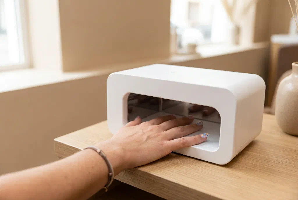Thợ thiết kế móng in một móng giả bằng máy in móng 3D trong tiệm