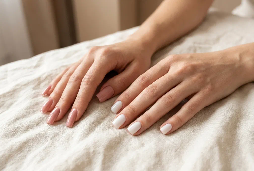 Móng đắp được chăm chút trong ảnh so sánh: móng acrylic và móng gel cạnh nhau