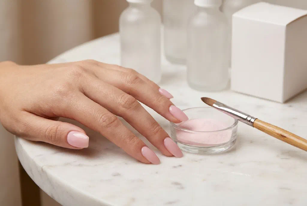 Freshly sculpted acrylic nails in a soft pink shade on a well-groomed hand