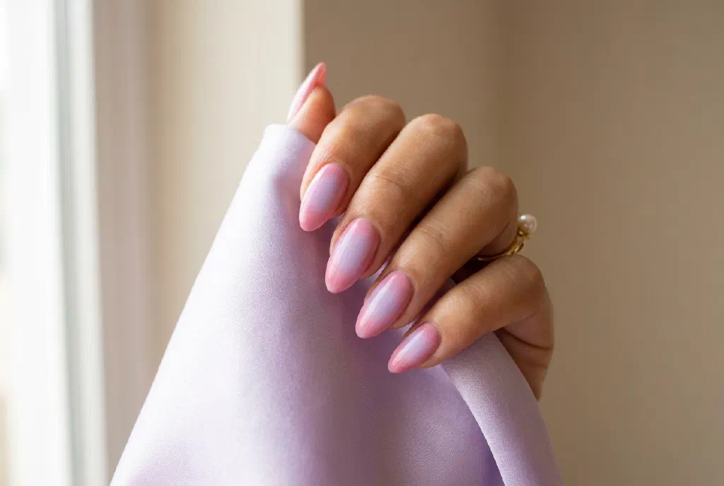 Aura Nails mit weich verwischtem Farbkern in Pink und Lila auf mandelförmigen Nägeln