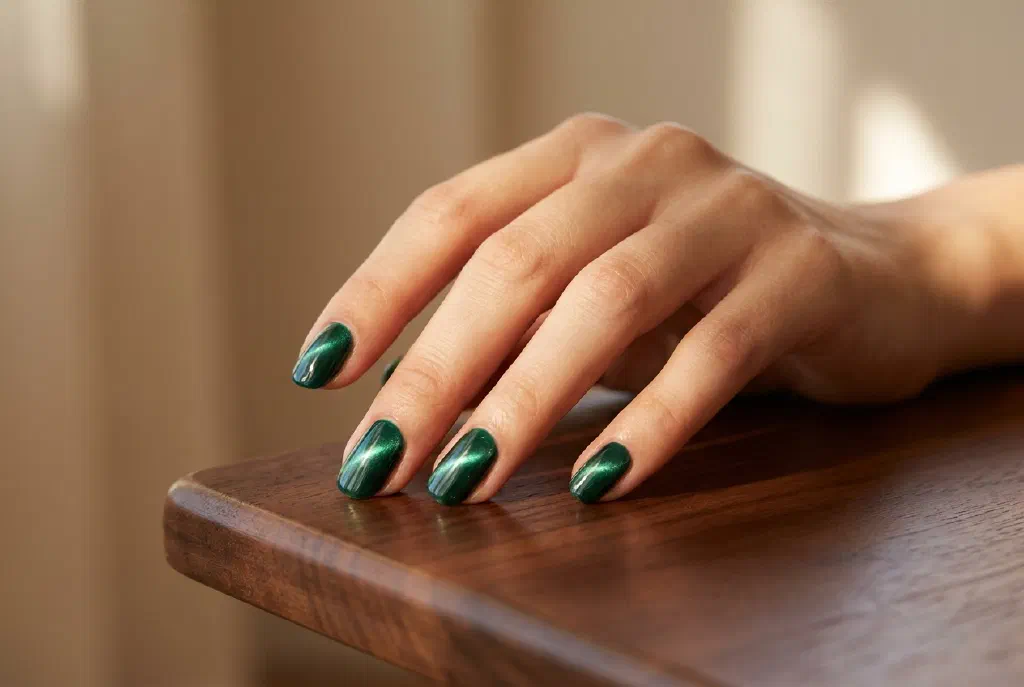 Nägel mit schimmerndem Cat-Eye-Effekt und changierendem Lichtreflex