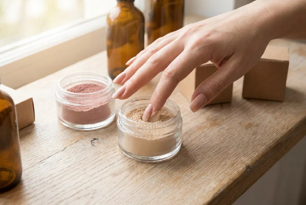 Hand with evenly glossy dip powder nails in a nude shade