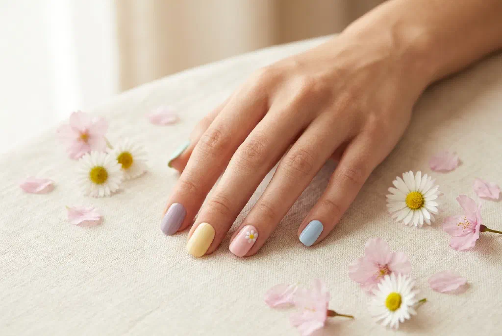 Spring nails in soft pastel tones with a floral accent