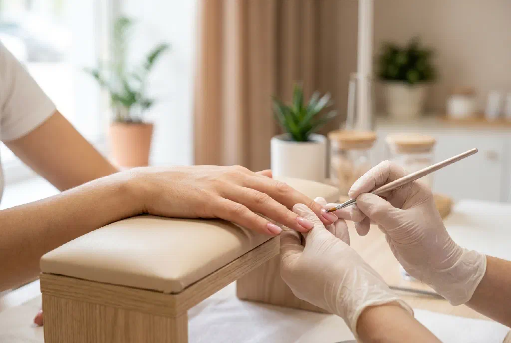 Well-groomed gel nails being refilled in a nail salon