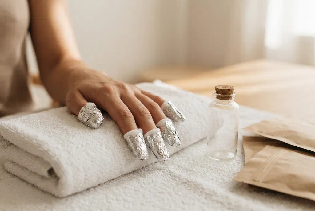 Fingernails wrapped in foil during the gentle removal of gel polish with acetone
