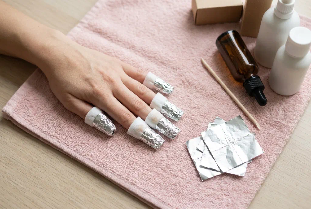 Hands gently removing gel nails with foil and cotton