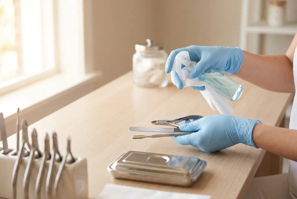 Nageldesignerin mit Einmalhandschuhen desinfiziert Instrumente an einem sauberen, aufgeräumten Maniküretisch
