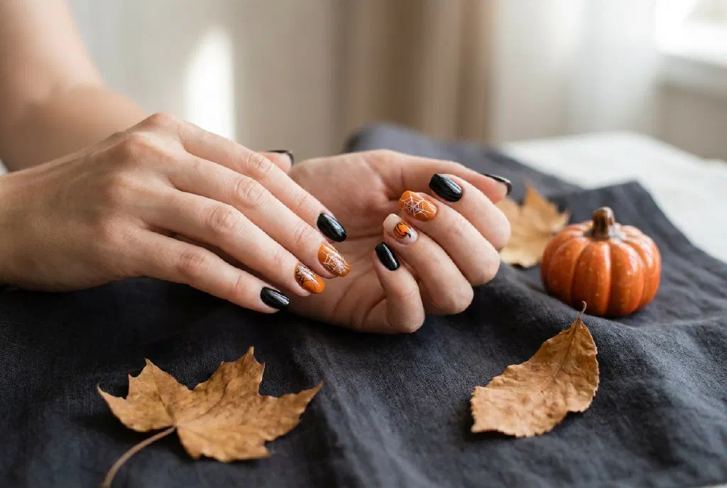 Nail Halloween với mạng nhện, bí ngô và thiết kế đen-cam