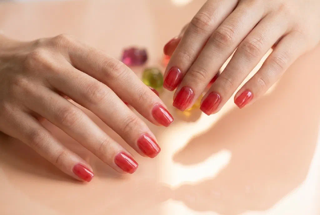 Translucent jelly nails in a glassy red shade with a candy-like shine