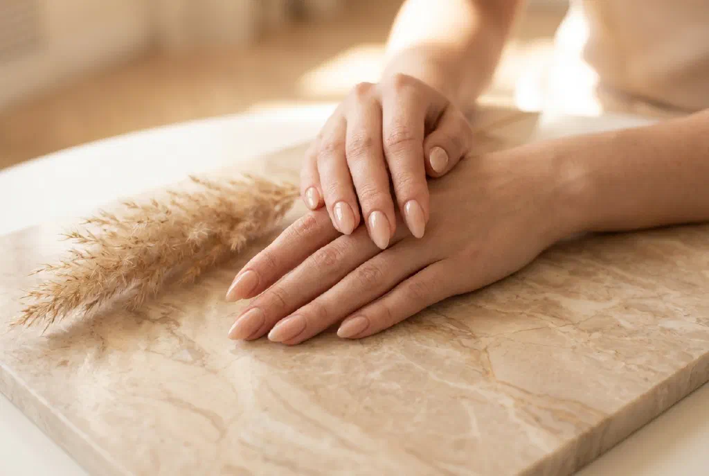 Almond-shaped nails with a soft nude manicure
