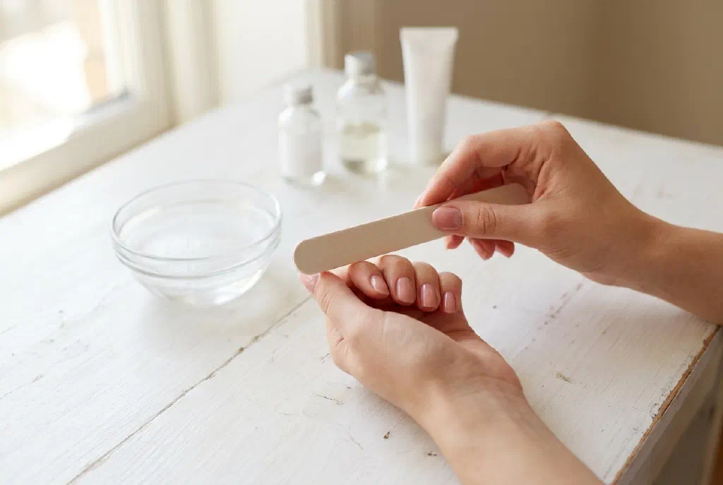 Đôi bàn tay được chăm sóc trong buổi làm móng với dũa và sơn móng