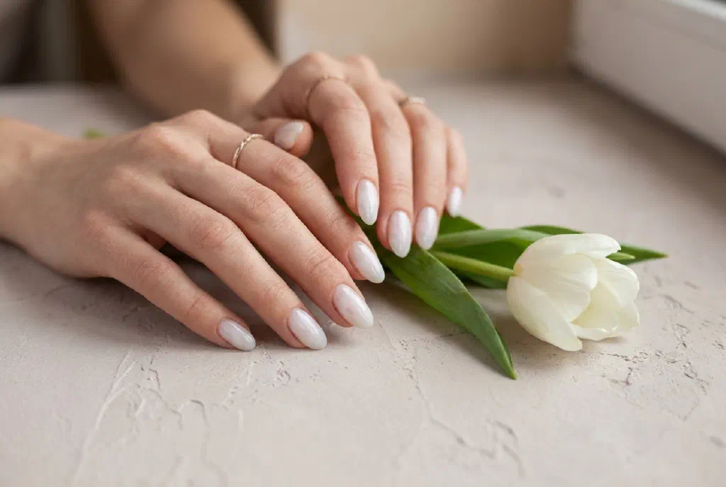 Bàn tay với milky nails màu sữa nhẹ nhàng, tông trắng trong mờ