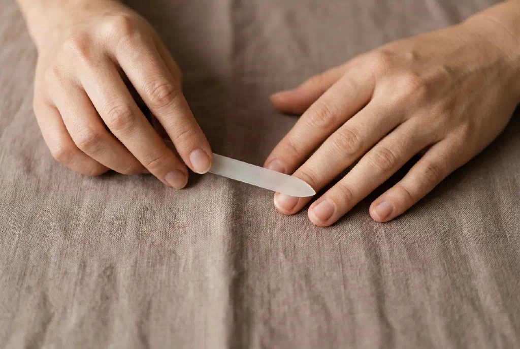 Nahaufnahme einer Hand, deren Nägel mit einer Feile in Form gebracht werden