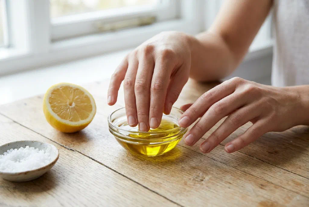 Well-groomed hands with short, strong natural nails on a light background
