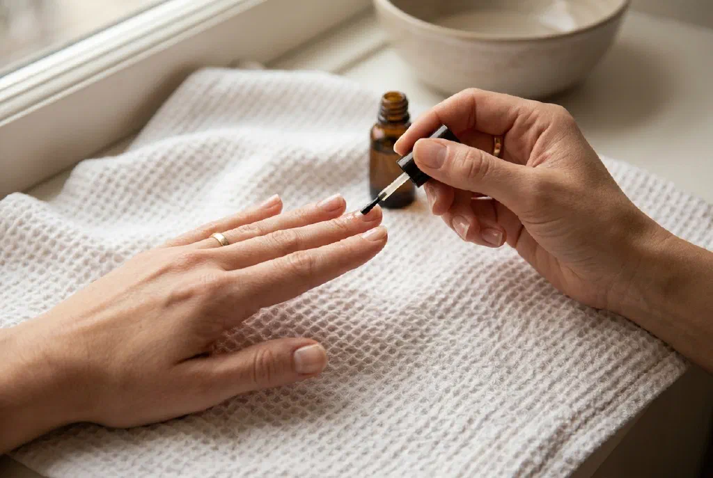 Gepflegte Hand mit zurückgeschobener Nagelhaut und Nagelöl-Pinsel
