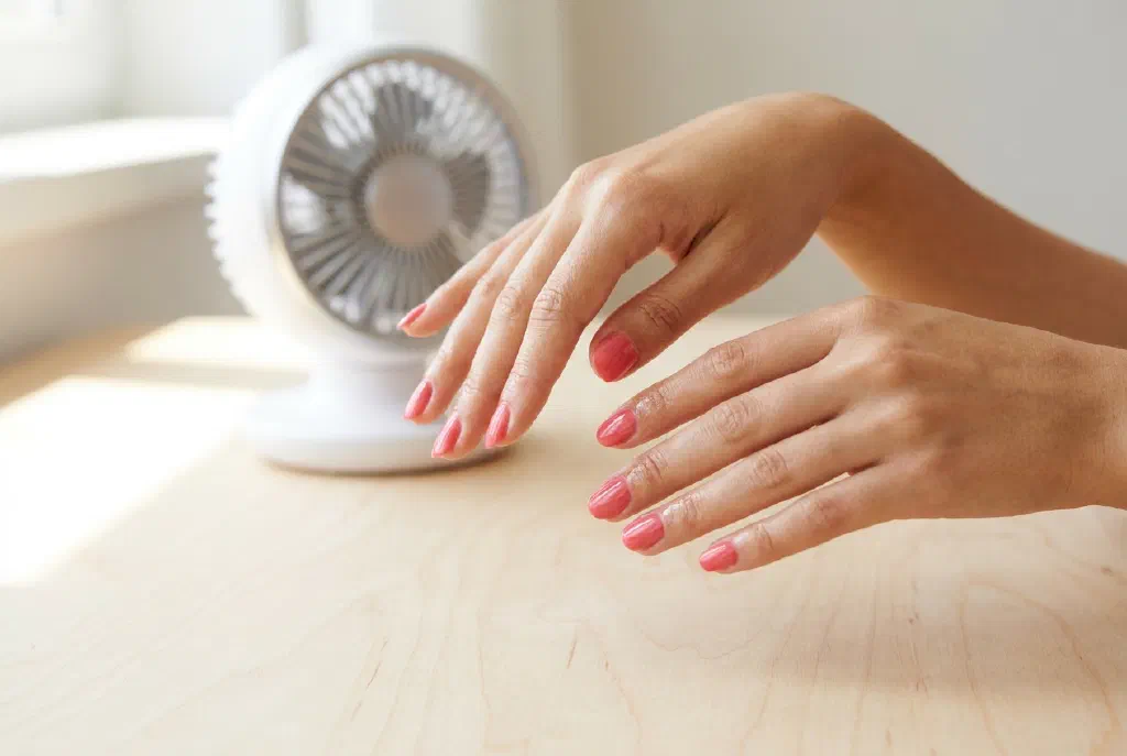 Móng tay vừa sơn đang khô dưới luồng không khí mát