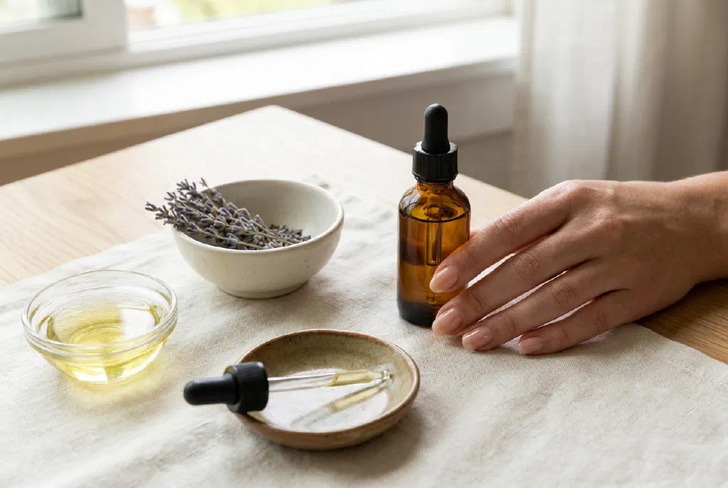 Dark dropper bottle with homemade nail oil next to well-groomed nails