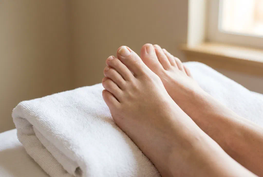 Nahaufnahme eines Fußnagels mit leichter Verfärbung zur Veranschaulichung von Nagelpilz
