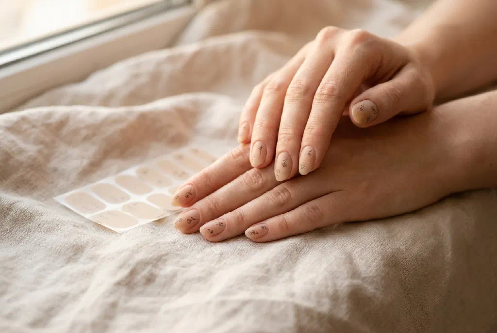 Gepflegte Nägel mit aufgeklebten Nail Wraps in dezentem Design