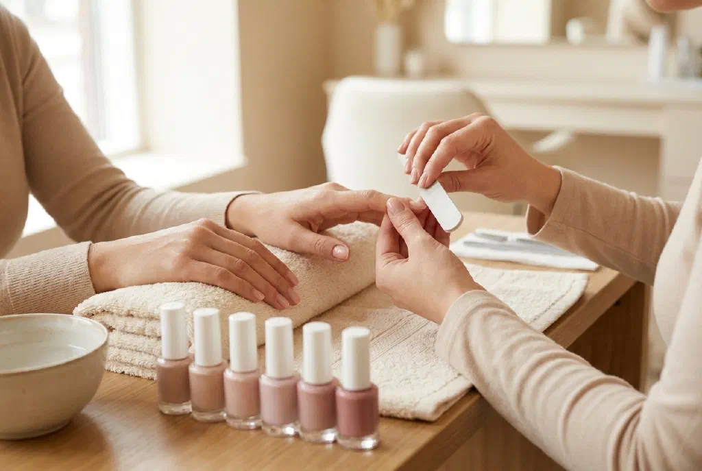 Nagelstudio-Arbeitsplatz mit gepflegten Händen bei der Maniküre, daneben Nagellackfläschchen in Nude- und Rosétönen