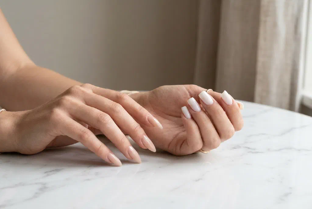 Different artificial nail extensions in natural shades on well-groomed hands