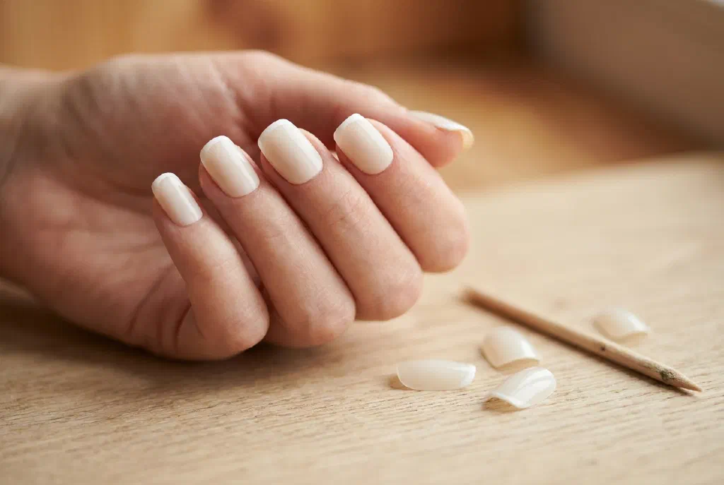 Hand mit aufgeklebten Press-on Nails in dezentem Design