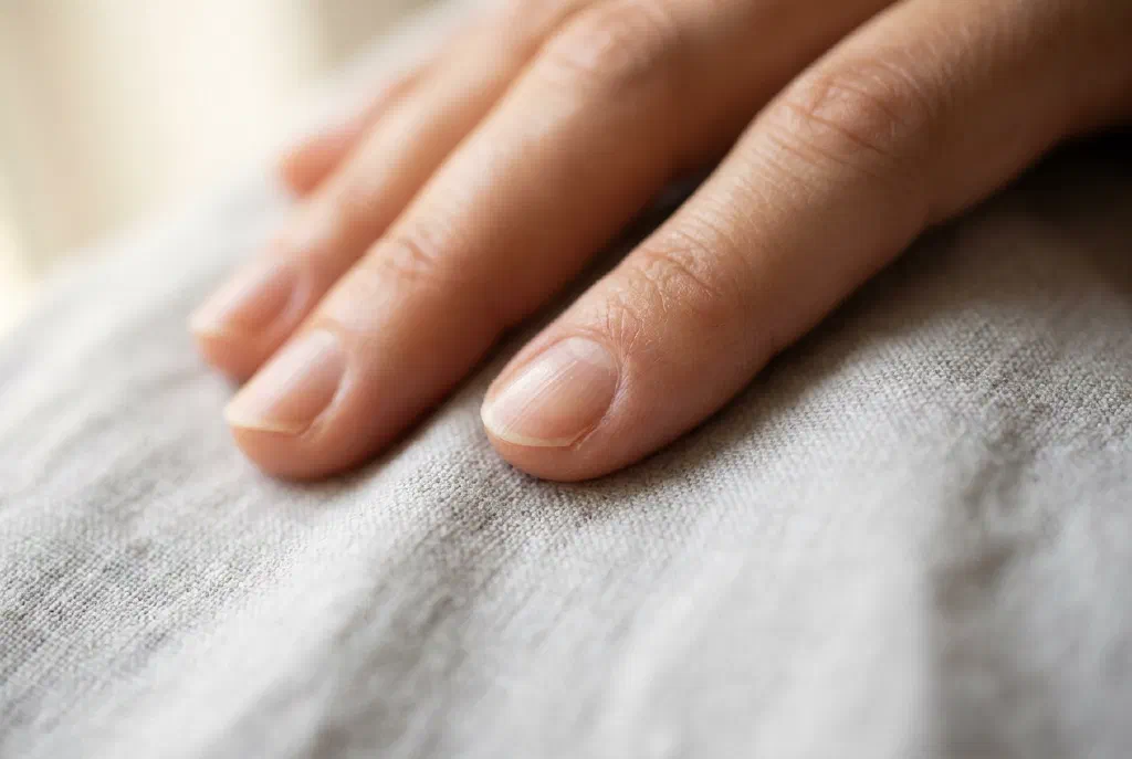 Close-up of a hand with fine vertical ridges on the fingernails