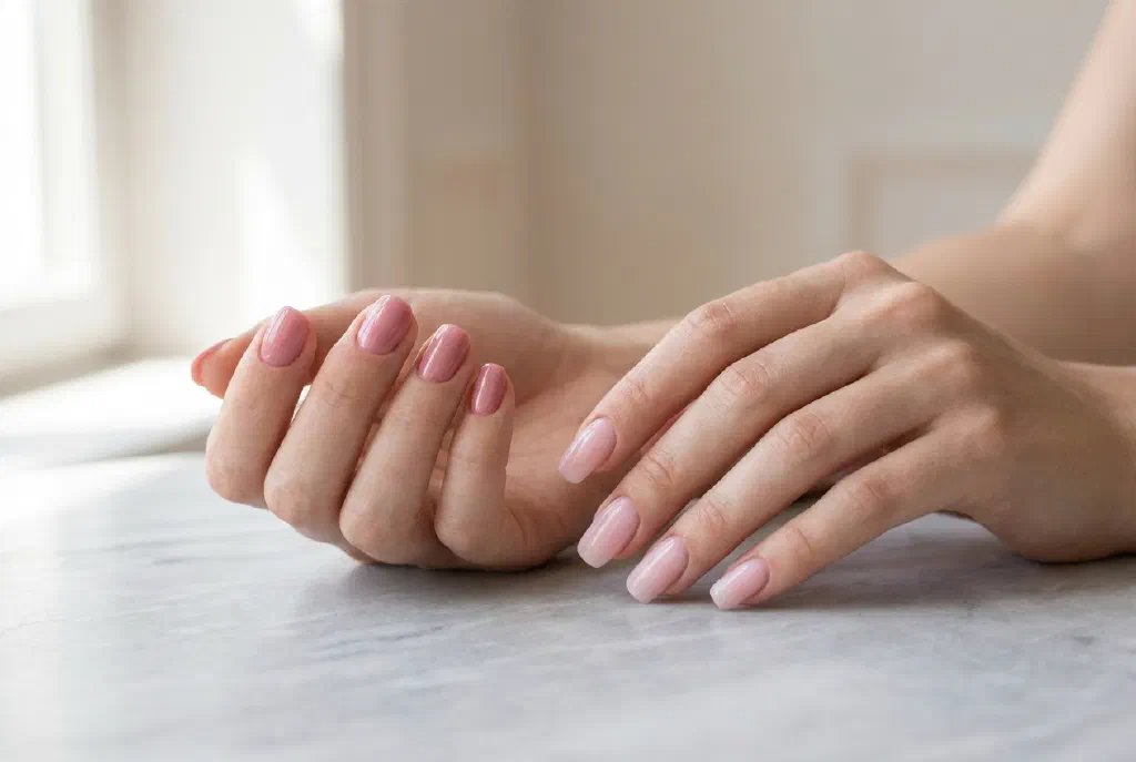 Đôi bàn tay được chăm sóc kỹ với lớp móng Shellac và gel bóng đẹp đặt cạnh nhau