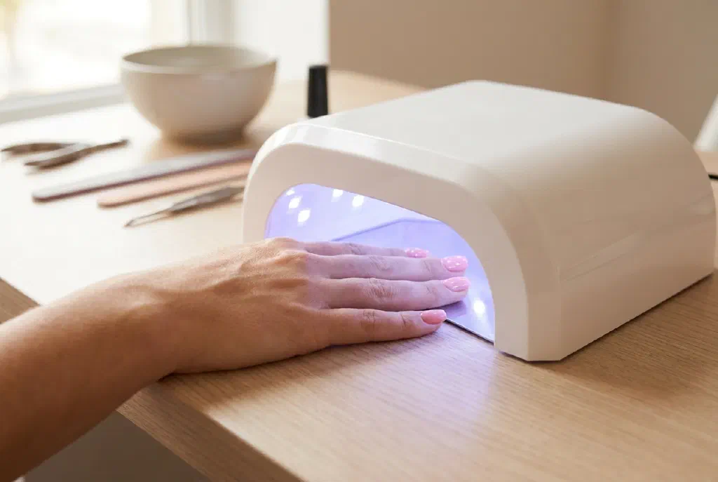 Hand under a curing lamp for gel nails in a nail salon