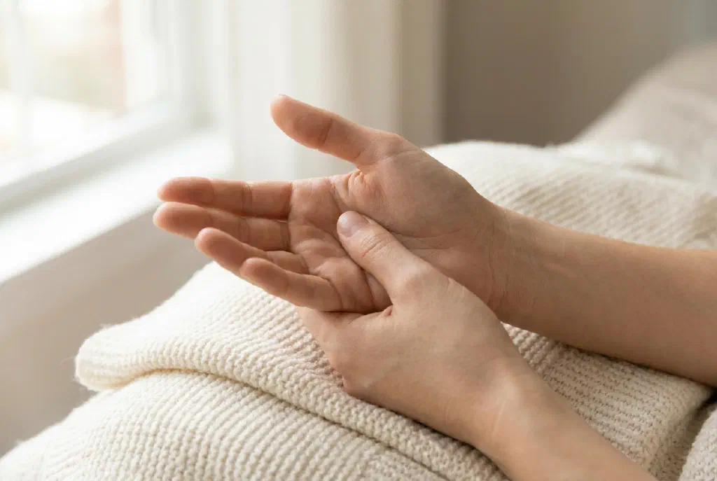 Hände stimulieren mit dem Daumen einen Druckpunkt an der Hand