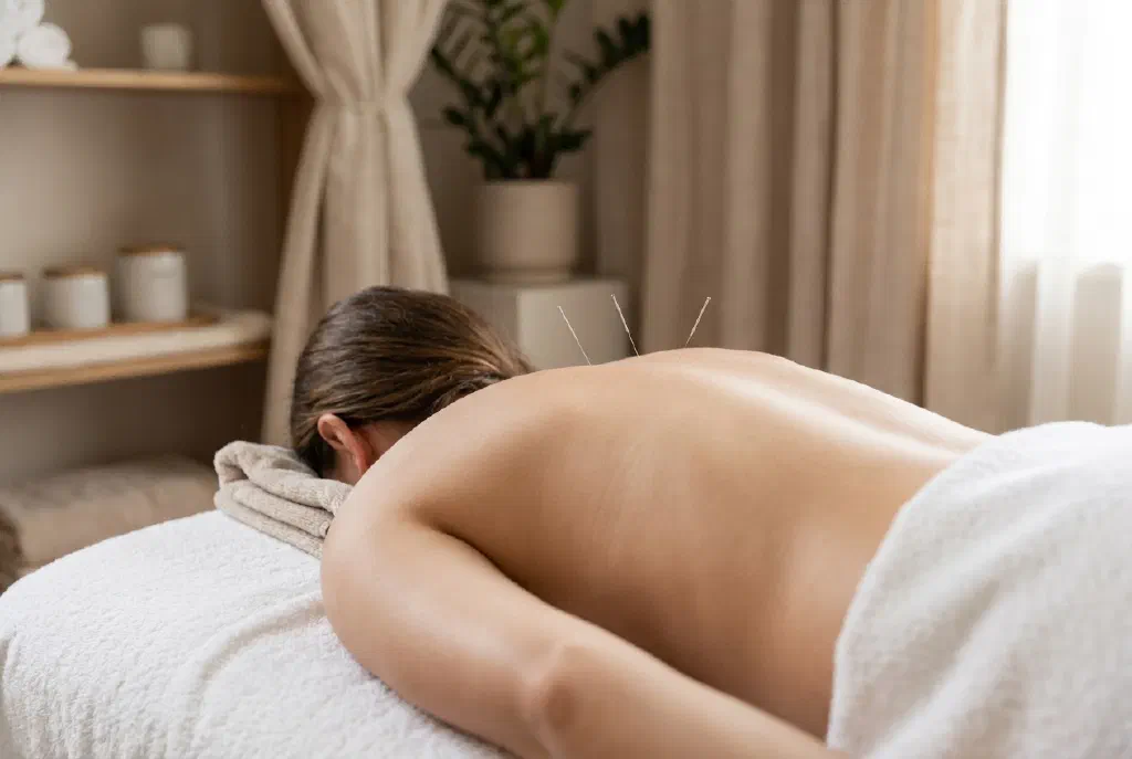 Feine Akupunkturnadeln am Rücken einer entspannt liegenden Person