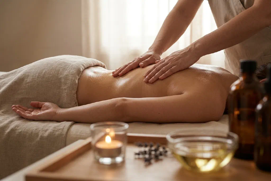 Hände bei einer sanften Massage mit duftendem Aromaöl auf dem Rücken