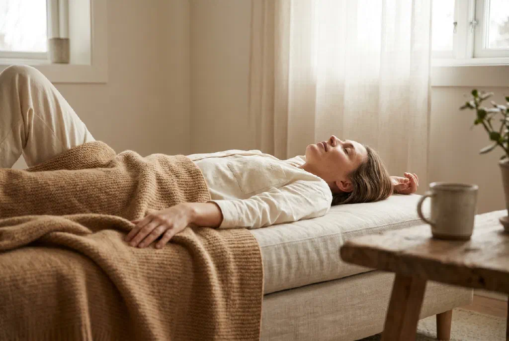 Woman lying down relaxed with closed eyes practising autogenic training