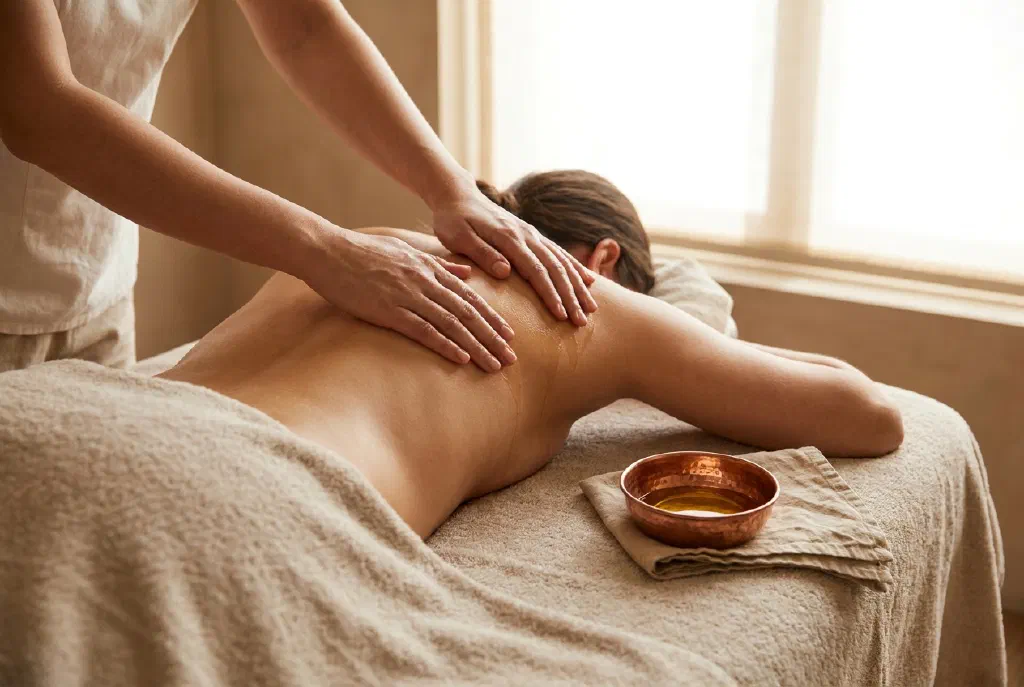 Hands applying warm oil to the back during an Ayurveda massage