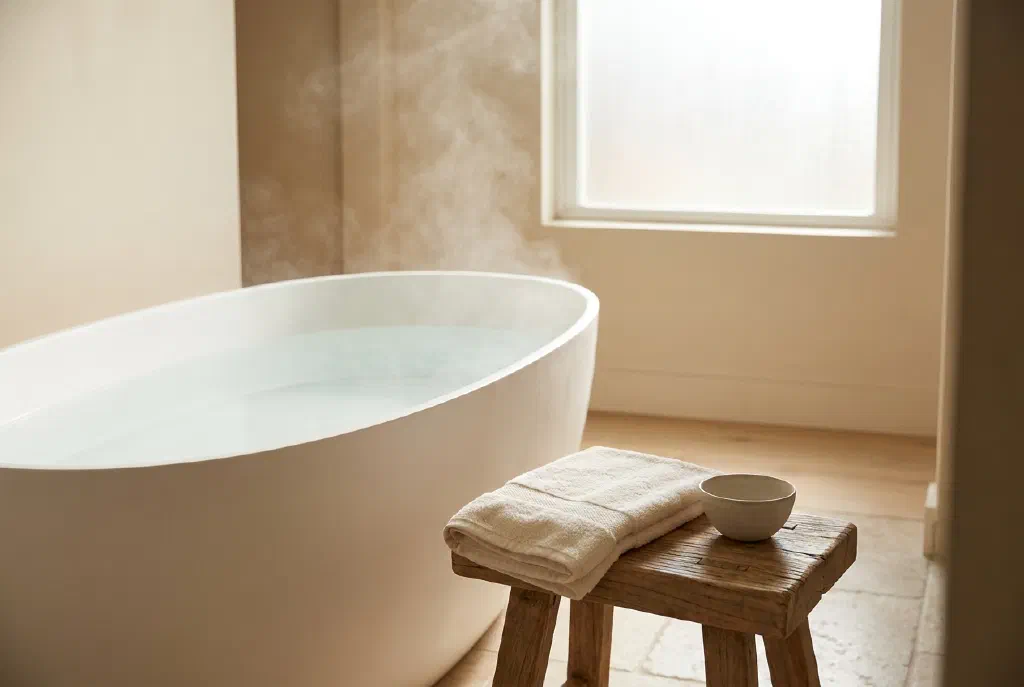 Relaxing full bath with clear water in a white bathtub