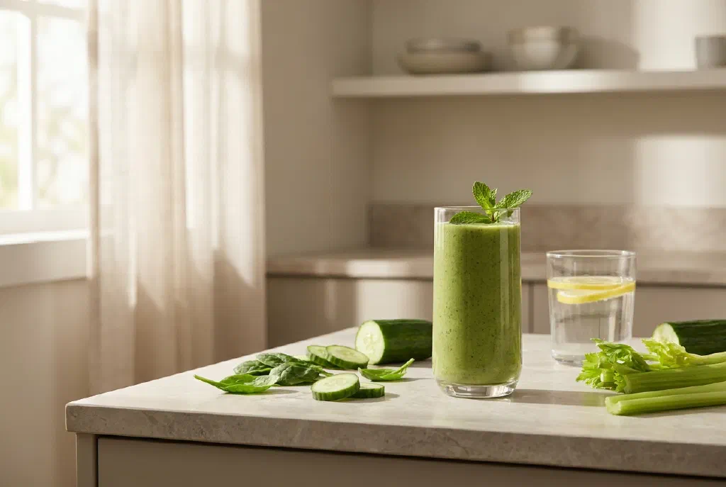 Glas mit grünem Smoothie, frisches Gemüse und Zitronenwasser auf einem hellen Tisch