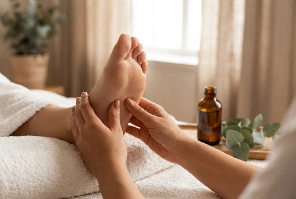 Entspannende Fußmassage mit beiden Daumen an der Fußsohle