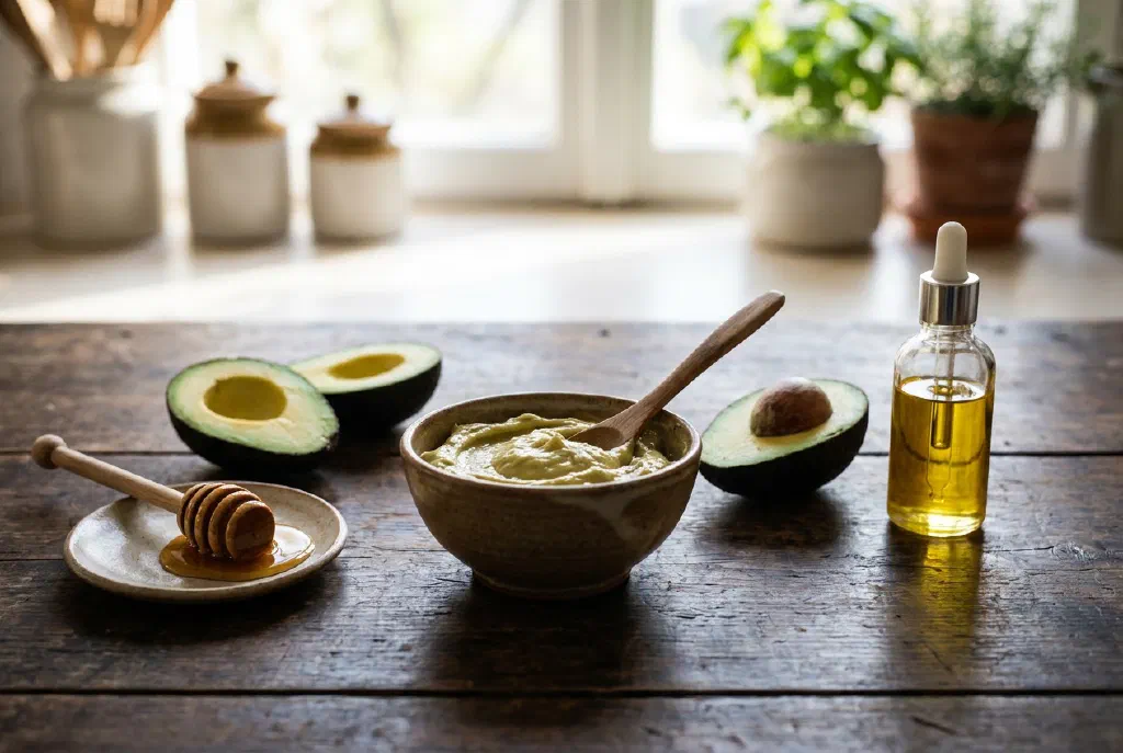 Homemade hair mask in a bowl with avocado, honey and oil next to it