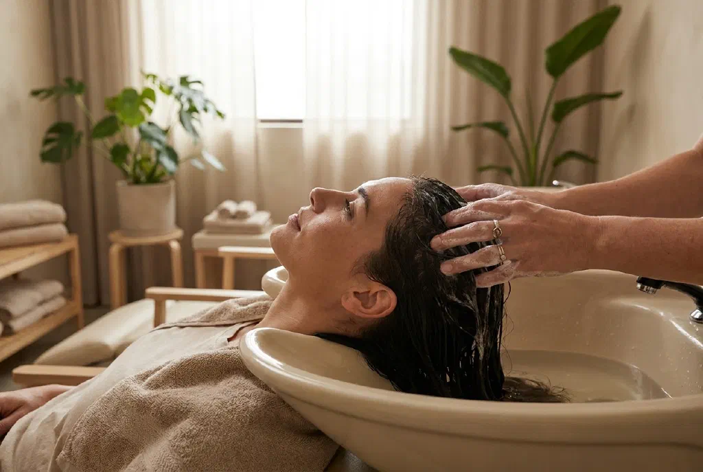 Người đang thư giãn trong lúc được massage đầu Head Spa tại khu vực chăm sóc sức khỏe