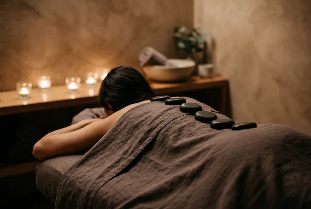 Glatte schwarze Basaltsteine auf dem Rücken bei einer Hot-Stone-Massage