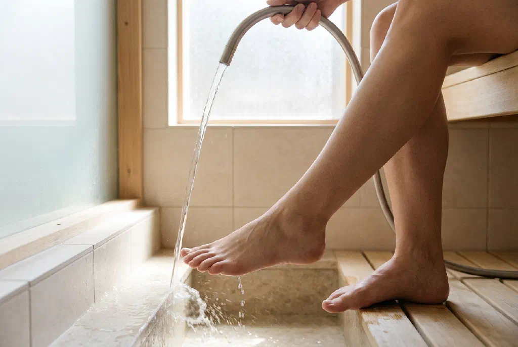 Jet of water during a Kneipp treatment on the lower leg