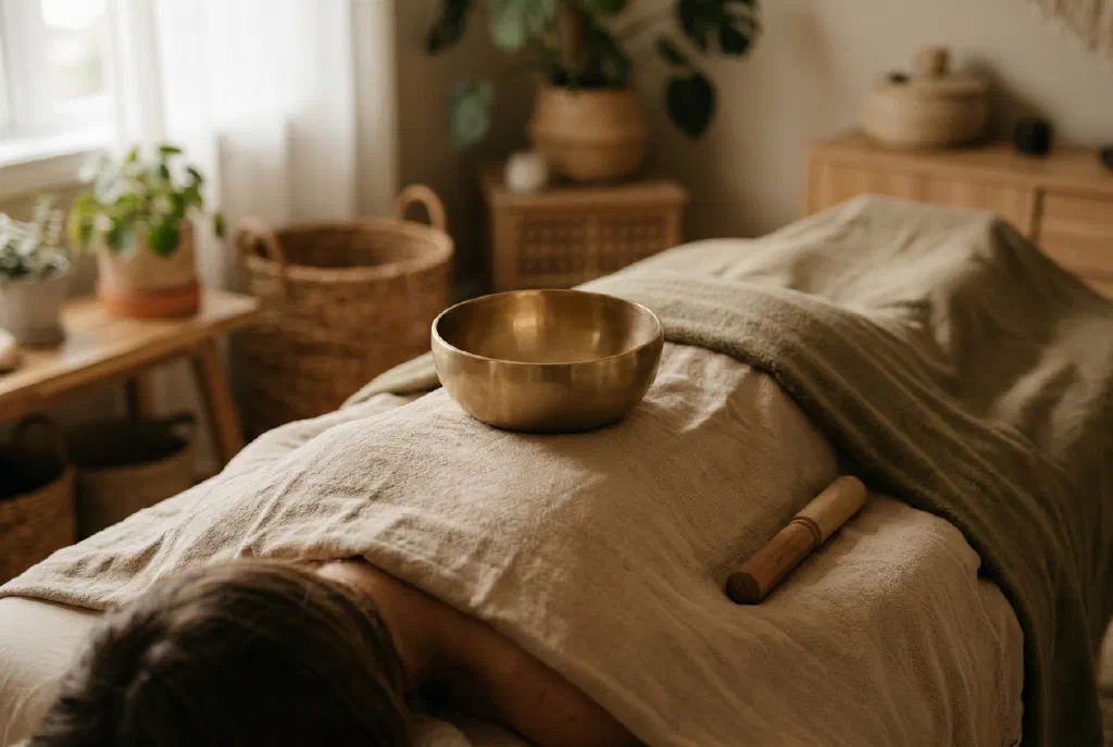 Chuông xoay đặt trên lưng người đang nằm thư giãn trong buổi massage âm thanh