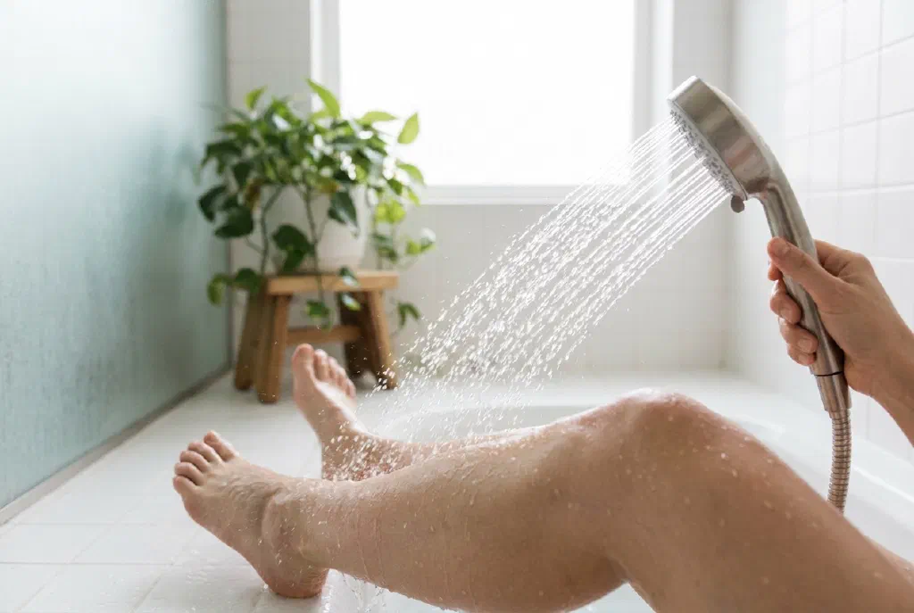 Tia nước mát chảy dọc theo một chân trong lúc thực hiện liệu pháp Kneipp