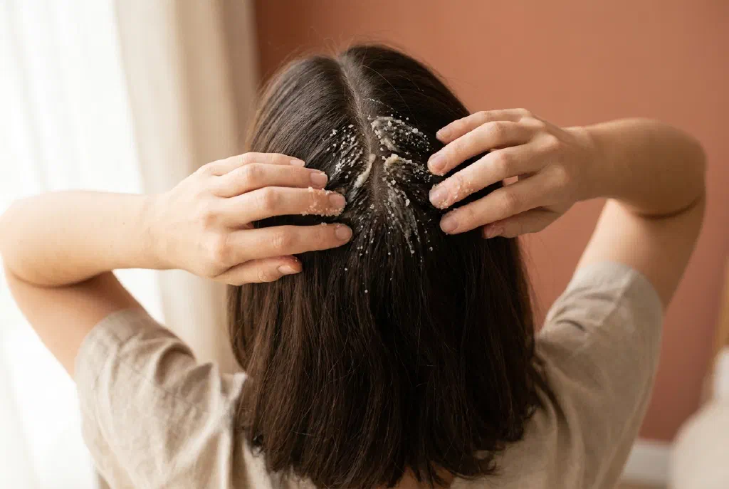 Auftragen eines Kopfhaut-Peelings mit den Fingerspitzen am gescheitelten Haar
