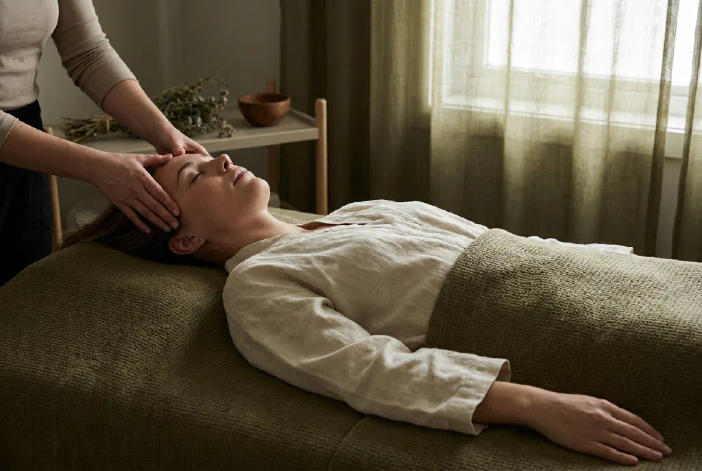 Hands relaxingly massaging the scalp of a lying person