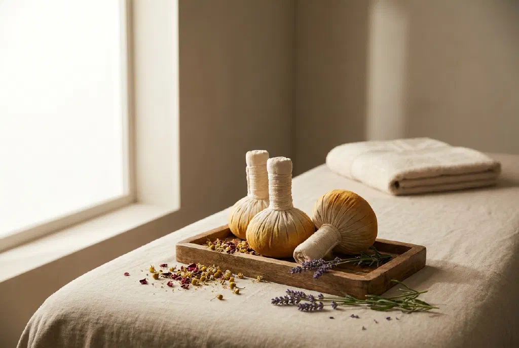 Warm herbal stamps and dried herbs on a massage table