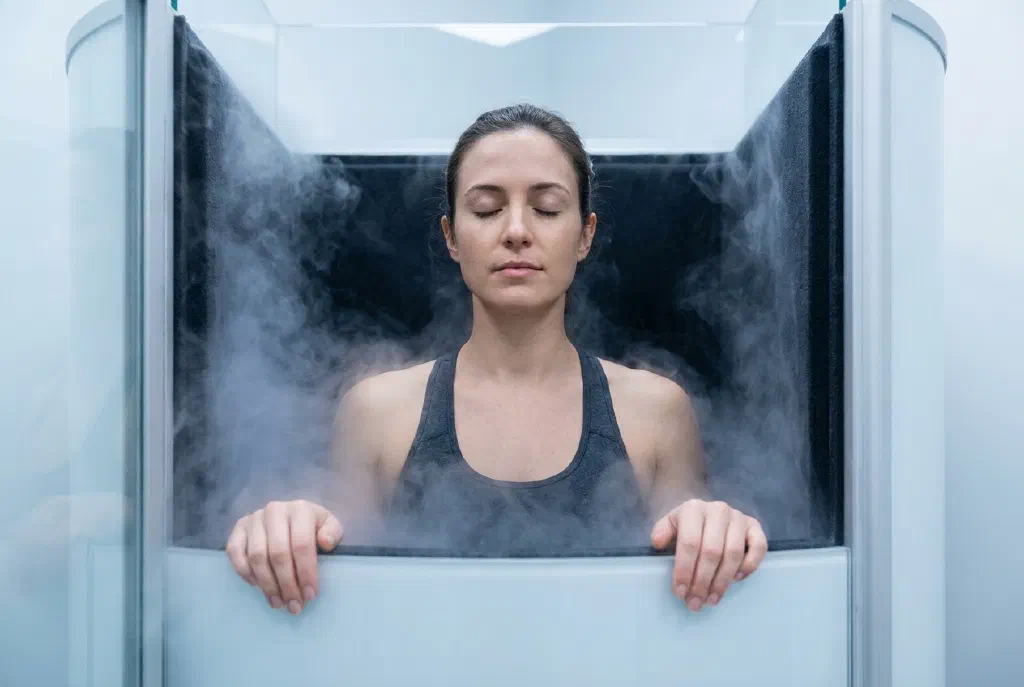 Person in einer Kältekammer während einer Kryotherapie-Sitzung