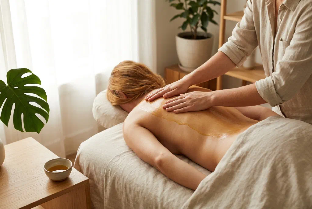 Relaxed person during a flowing Lomi Lomi massage with warm oil