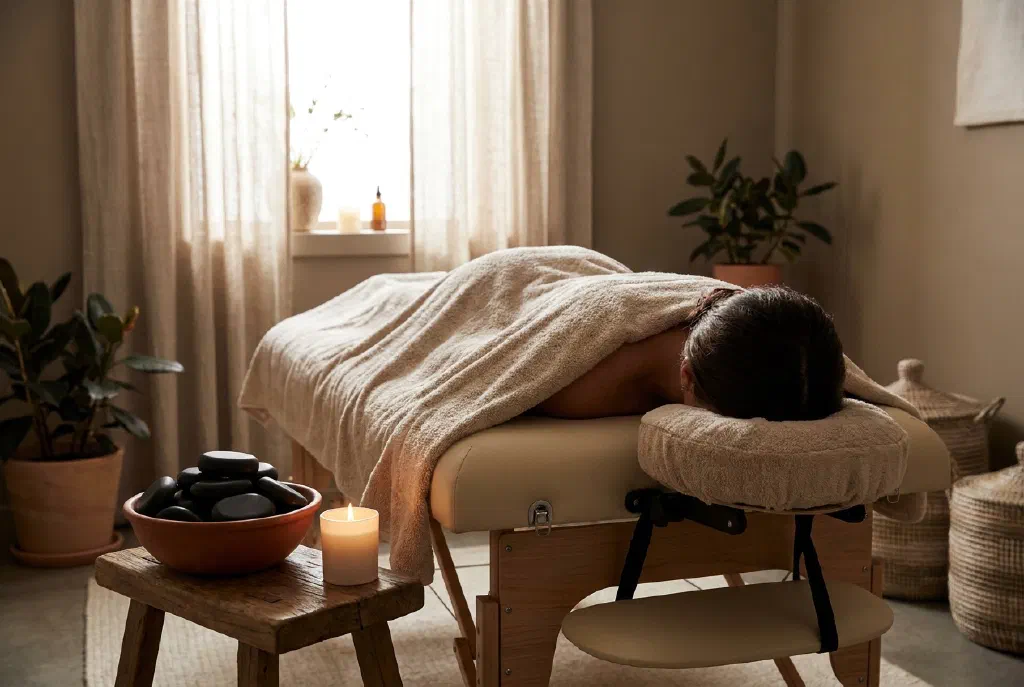 Person lying relaxed on a massage table during a soothing massage
