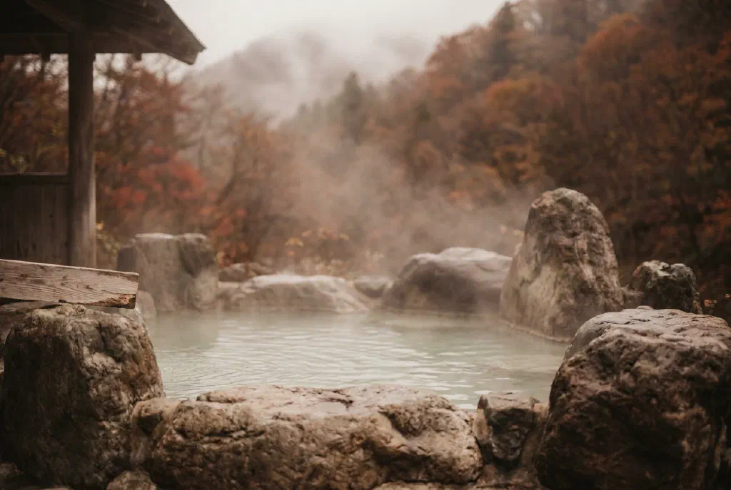 Dampfendes Onsen-Außenbecken aus Naturstein in einer japanischen Berglandschaft